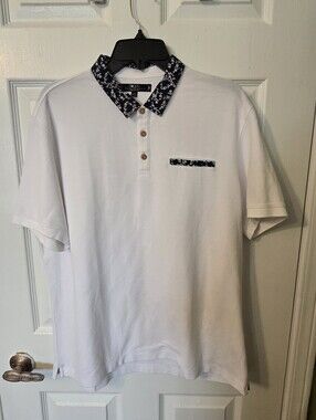 G2000 White Polo with Navy Floral Contrast Collar